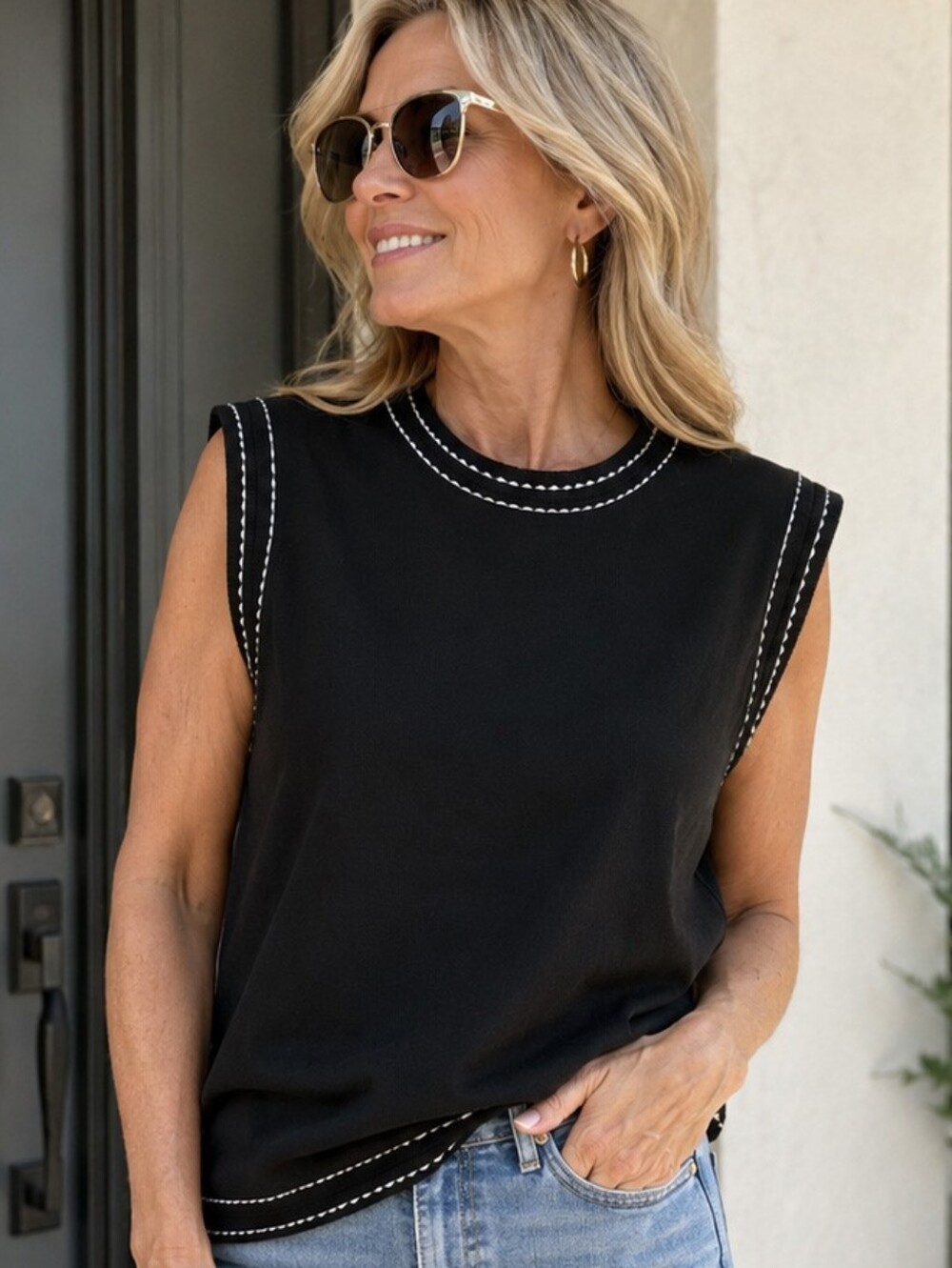 Vintage ribbed black tank top with white stitching by Finity Size PM